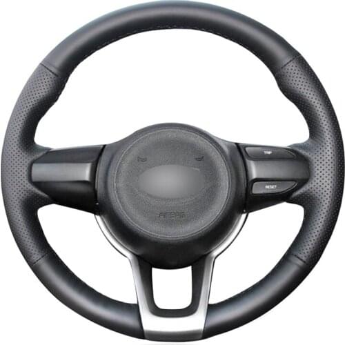 Hand-stitched Black Genuine Leather Car Steering Wheel Cover for Kia Rio 2017-2019 Rio5 2019 K2 2017-2019 Picanto Morning