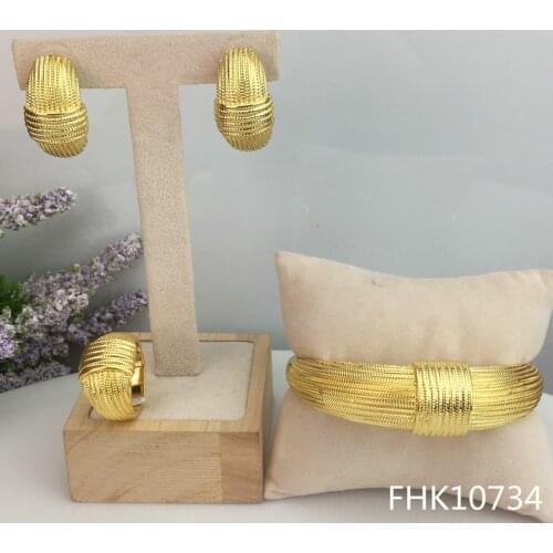 Yuminglai Russian Trendy 3pcs Luxury Gold Color Brazilian Jewelry Sets Earrings Bracelet & Rings FHK10734
