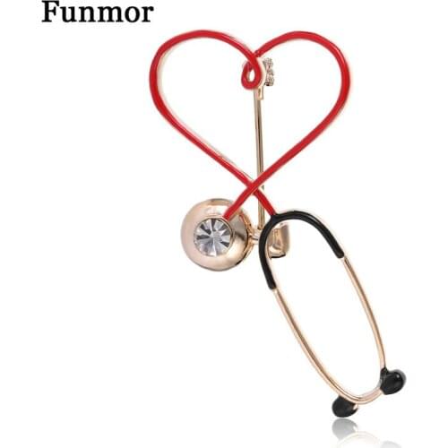 Funmor Lovely Heart Stethoscope Brooch Copper Pin Enamel Crystal Jewelry Women Doctor Uniform Decoration Accessories Work Bijoux