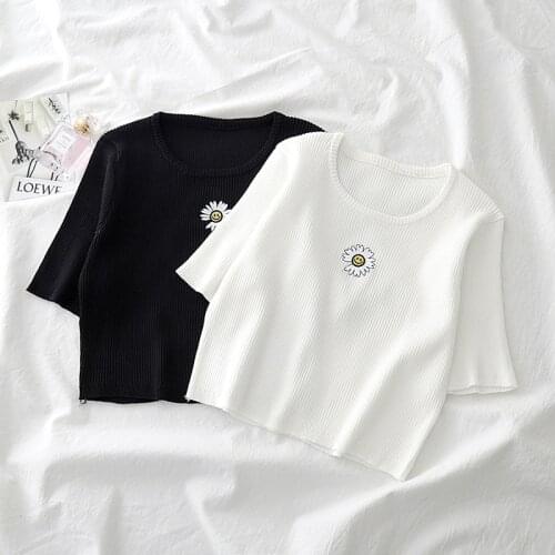 Helair Flowers Printed T Shirt Crop Top Embroidery Daisy Knit Summer Clothes For Women Rib Graphic Tee Frau Pullover T-Shirts