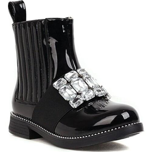 Womens Round Toe Diamond Ankle Boots Ankle Boots Patent Pull On Warm Winter Shoes Low Heel Girls New 2021 Black White