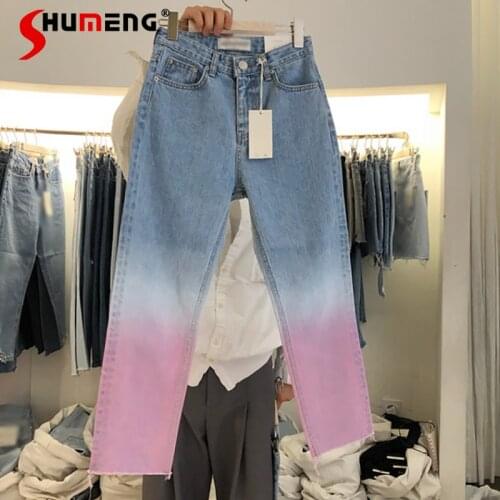 Korean Style Womens New Unique Design Gradient Tie-dye Jeans 2021 Summer Ladies Fashion Simple Straight Full Length Denim Pants