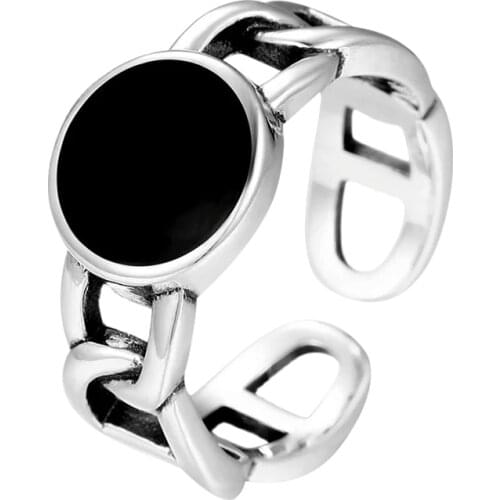 Vintage 925 Sterling Silver Chunky Chain Ring for Women Adjustable Size Cuban Link Ring Acrylic Korean Minimalist Punk Jewelry