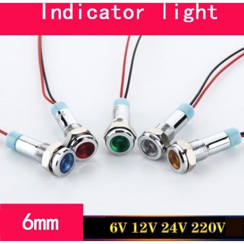 LED 6mm small size Metal Indicator light waterproof Signal lamp 3V 6V 12V 24V with wire and LED light five colors