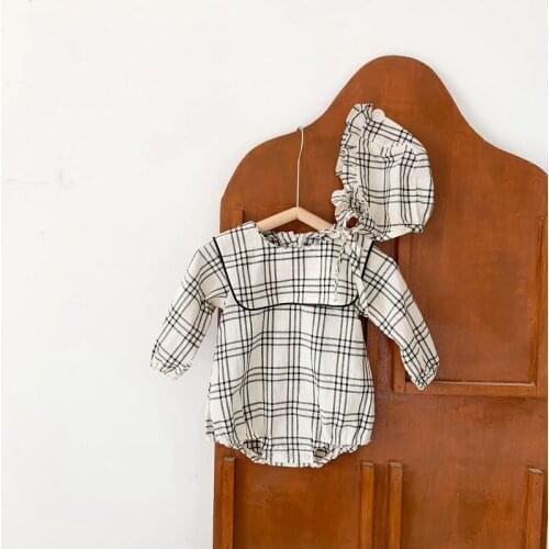 2021 New Spring Baby Boys Girls Cotton Plaid Romper With Hats 2PCS Long Sleeve One-piece Kids Clothes Jumpsuits Baby Bodysuit
