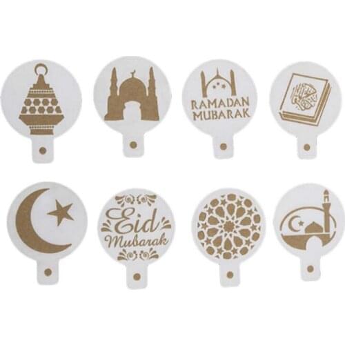 8pcs/set PET Mosque Eid Mubarak Ramadan Coffee Stencils Template ,laser Cut Cookie Biscuits Fondant Cake Mold Coffeeware Tools
