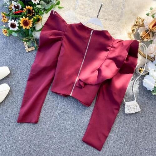 Spring Women Ruffle Blouses Female Puff Sleeve Half High Collar Back Zipper Showing Belly Button Slim Short Tops Korean Shirts