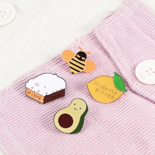 Cartoon Brooch Cute Avocado Lemon Bee Cat Enamel Pins for Women Jackets Lapel Pin Backpack Badges Fashion Kids Jewelry Gift