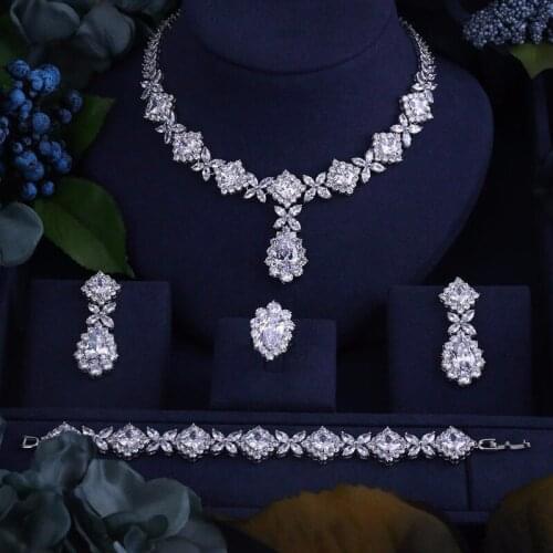Janekelly Luxury cubic zirconia necklace bracelet earrings and ring 4pcs dubai full jewelry set for women,bridal dress dinner