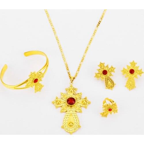 JHplated New Ethiopian Cross Necklace Earrings Ring Bangle Jewelry sets Gold Color African Eritrean Wedding Gifts