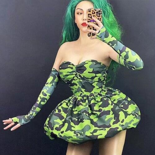 DJ DS Stage Costume Camouflage Strapless Bubble Dress Nightclub Singer Clothing Birthday Party Dresses Gogo Dancewear VDB3894