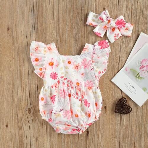 Summer Toddler Baby Girls Flower Print Flying Sleeve Bodysuit and Bowknot Headwear Two-piece Suit for Birthday Party