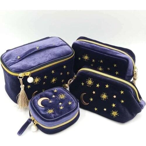 Hot Sale Kawaii Velvet Embroidery Cosmetic Bag Travel Organizer Women Makeup Bag Zipper Make Up Pouch with Moon Star Tassel Deco