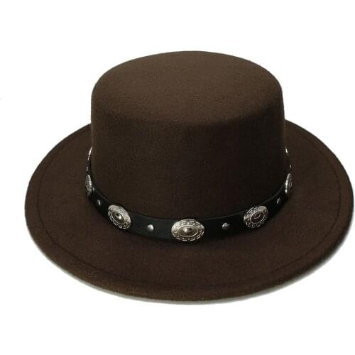 LUCKYLIANJI Retro Kid Vintage 100% Wool Wide Brim Cap Pork Pie Porkpie Bowler Hat Punk Alloy Bead Leather Band(54cm/Adjusted)