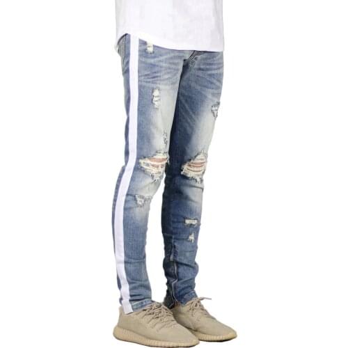 Fashion Men Jeans Stretch Skinny Ripped Jeans With Stripe Side Y5035