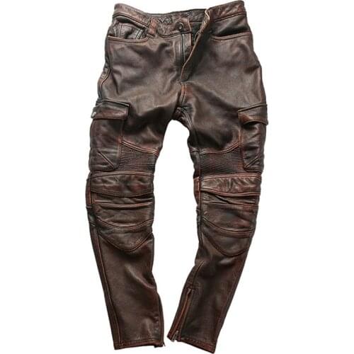 2021Genuine Leather Pants Mens Full Cowhide Slim-Fitting Motorcycle Riding Pants Motorcycle Leather Pants Trend Trousers Pants