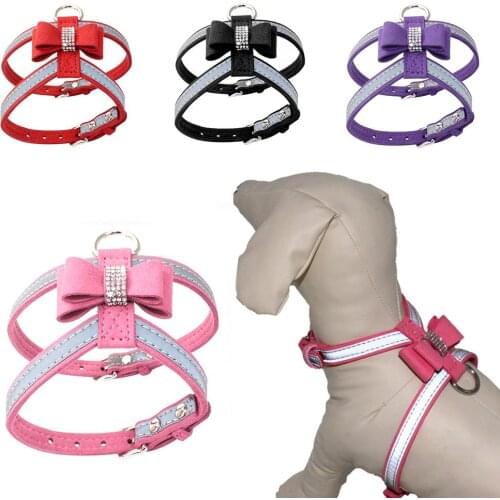 Pet Dog Puppy Outdoor Travel Bowknot Soft Adjustable Reflective Rhinestone Harness Vest