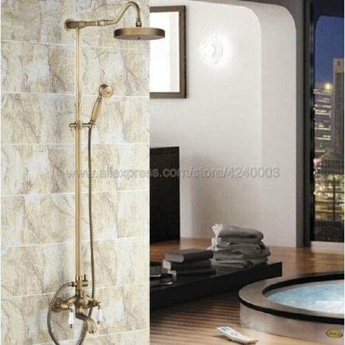 Wall Mounted Bathroom Antique Brass Rainfall Shower Set Faucet + Tub Mixer Tap + Handheld Shower Spray Krs247
