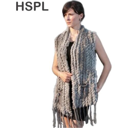 HSPL Knitted Fur Vest 2019 New Hot Sale Fashion Long Cashmere Knitted Real Fur Tassel Pocket Rabbit Vest colete feminino franjas