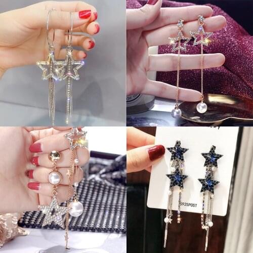 Wholesale Five-pointed Star Long Tassel Earrings Temperament Earrings Acrylic Star Rhinestone Zircon Earrings