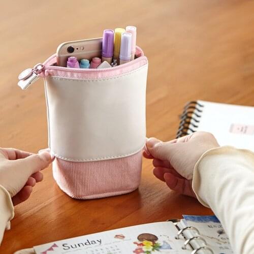 Pu Corduroy Pen Pencil Holder Telescopic Pencil Case Pen Box With Zipper Pouch Bag Stationery Colorful Organizer Makeup Bag
