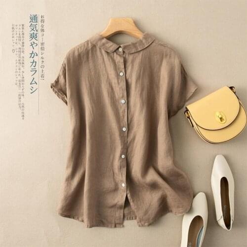 Summer 2021 Short-sleeved Shirt Cotton Top Vintage Turn-down Collar Solid Linen Blouses and Shirts Single-breasted Womens Shirt