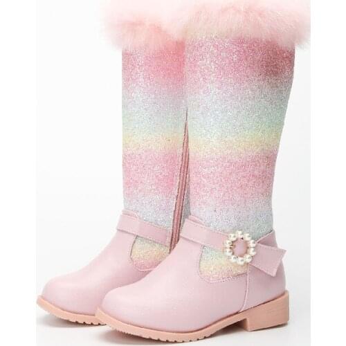 Princess Girls Knee-High Boots Students Rainbow Boots Children New 2021 Autumn Winters Warm Snow Boots Show Little Girl Boats