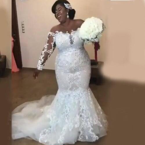 2020 Modern African Plus Size Mermaid Wedding Dresses Off Shoulder Lace Appliques Beaded Sweep Train Button Back Custom Formal B