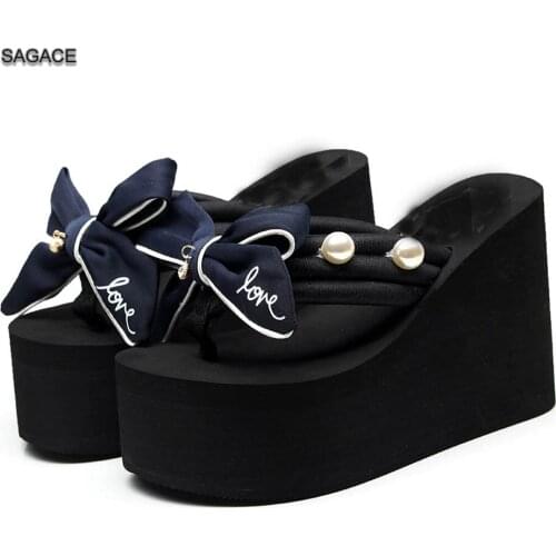 SAGACE Women Ladies Girls Pearl Bowknot Wedges Flip Flops Sandals Slippers Shoes Sandals Summer Shoes 2020 Beach Vintage
