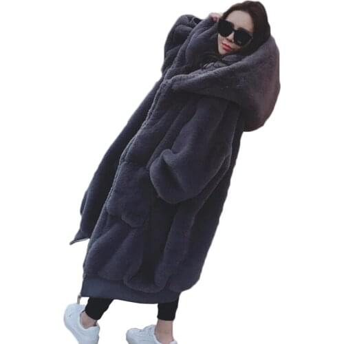 Winter Womens Faux Rabbit Fur Coat 2021 New Luxury Fur Coat With Hat Long Women Winter Thicken Warm Long Sleeve Faux Fur Jacket