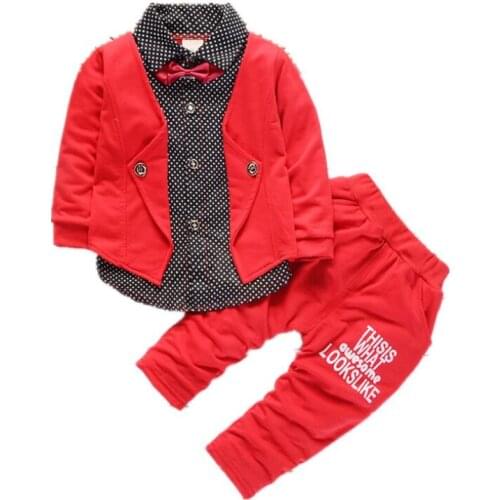2021 Baby Boys Spring Casual handsome Clothing Sets Baby Kids Button Letter Bow Boy Autumn shirt Jacket+Pant Suit Set