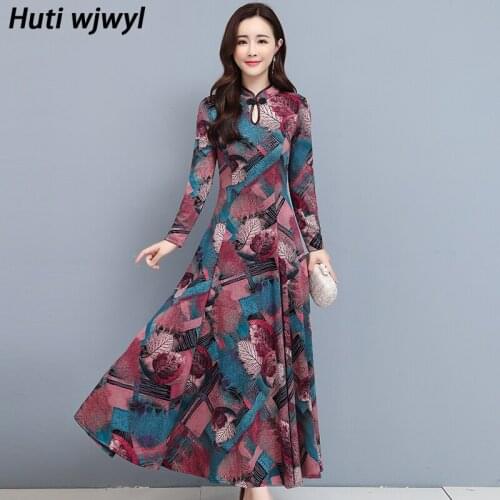 Chinese Style Cheongsam Print Vintage Dress 2021 Autumn Winter Warm Elegant Women Bodycon Party Dress Long Sleeve Maxi Vestidos