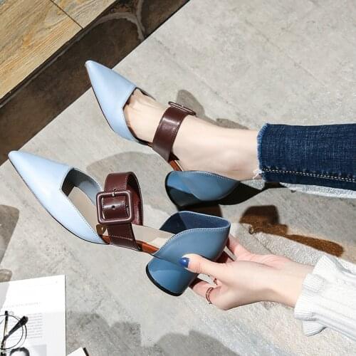 Womens shoes new pointed high heel color matching thick heel sandals ladies belt buckle fashion all-match hollow womens shoes