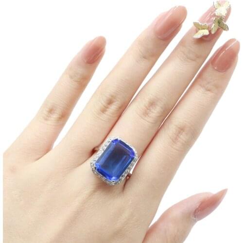 20x17mm Delicate Fine Cut 7.3g Created Paris Blue Topaz Violet Tanzanite Rhodolite Garnet CZ Women Daily Wear Silver Rings