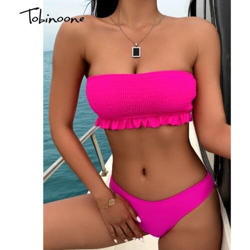 Tobinoone Ruffles Sleeveless Sexy Swimsuit Women Breast Wrapping Backless Pleated Two Piece Set Beach Summer Party Bodysuit 2021