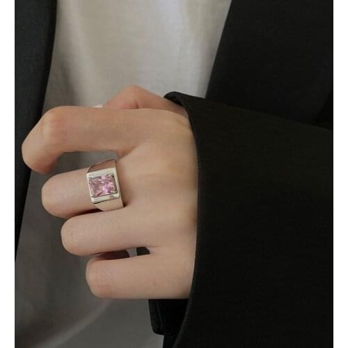 Silvology 925 Sterling Silver Square Pink Zirconia Rings for Women Men Thick Wide Luxury Stylish Ring Minimalist Wedding Jewelry