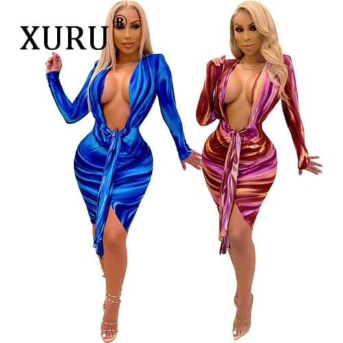 XURU European and American Nightclub Dress Colorful Printing Sexy V-neck Long Sleeve Dress