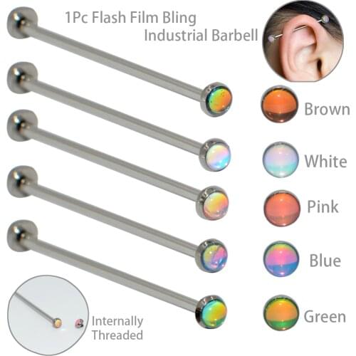 1Pc Titanium Flash Film Bling Industrial Barbell Ear Tragus Helix Ear Piercings Inner Screw with Surgical Steel Shaft 14gX38mm