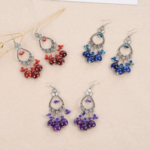 HONGYE 2021 Bohemia Purple Blue Red Geometric Beads Tassel Drop Dangle Earrings For Women Vintage Ethnic Gypsy Jewelry Gift New
