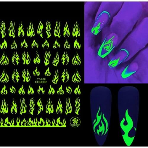 3D Fluorescent Flame Nail Adhesive Stickers Luminous Stars Galaxy Heart Butterfly Neon Green Manicure Sliders In Dark BECY028-36