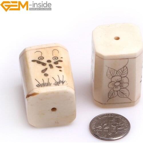Gem-inside 2pcs 4pcs Big Hole 1.2mm White & Yellow Cuboid & column Shape Animal Carved Bone Beads For Jewelry Making DIY Beads