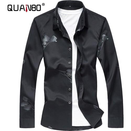 QUANBO Brand Spring Autumn New Arrival Fashion Flowers Slim Social Dress Business Casual Long Sleeve Shirt Men Clothing