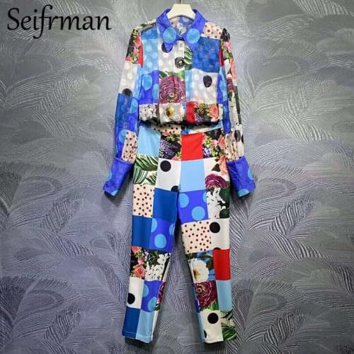 Seifrmann New 2021 Summer Women Fashion Designer Pants Set Lantern Sleeve Loose Blouses + High Waist Dot Floral Print Long Pants