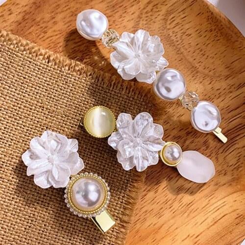 Hibiscus Fairy Pearl Hairpin Barrettes Acrylic Korea White Flower Bangs Clip Claws Headdress Hair Accessories Hairpin Side Clip