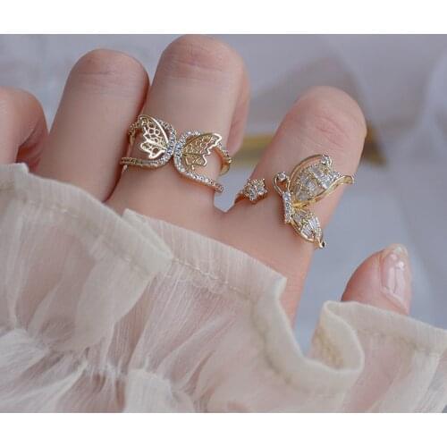 Delicate Jewelry 14K Real Gold Adjustable Crystal Butterfly Rings for Women Elegant Engagement Rings