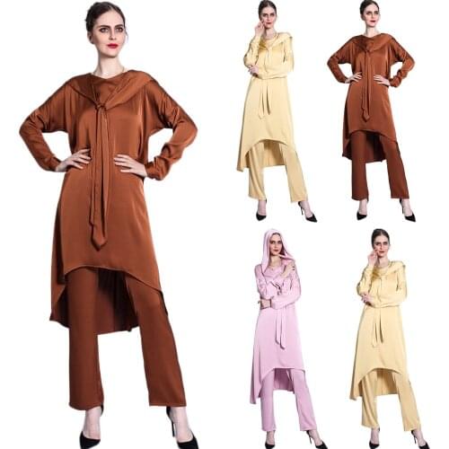 Two Pieces Sets Tops and Pants Women Turkey Muslim Abaya Satin Arab Dresses Ramadan Moroccan Kaftan Islamic Clothing Dress Sets