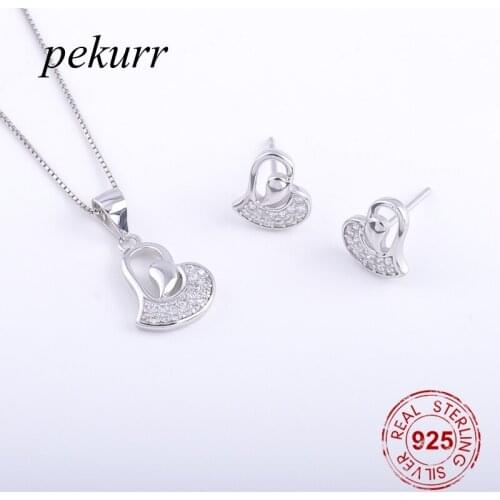Pekurr 925 Sterling Silver Zircon Couple Love Heart Earrings Necklace Sets For Women Heart Pendants Wedding Jewelry Sets