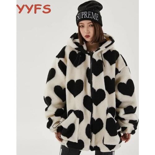 Heart-shaped Print Lambswool Soft Jacket Women Winter Drawstring Pockets Zipper Hooded Streetwear Warm Hip Hop Parka Couple