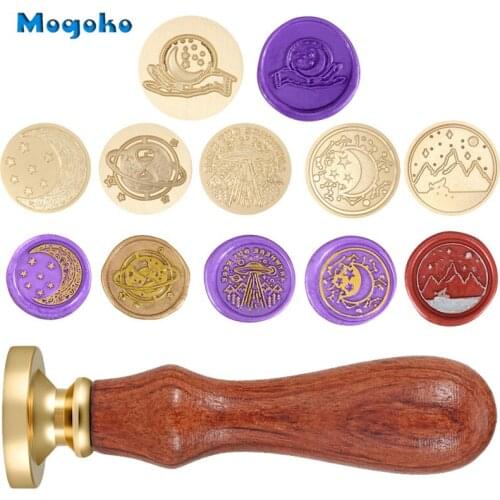 Mogoko Galaxy Series Sealing Wax Stamps Retro Wood Classic Wax Seal Stamp Cards Envelope Decor Moon and Star Hourglass Mountain