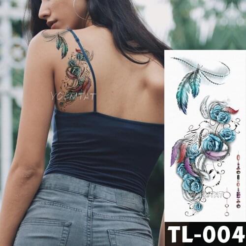Blue Rose Flower Tattoo Stickers Feather Watercolor Fox Girls Chest Body Arm Art Waterproof Temporary Tattoos Women Flash Tattoo